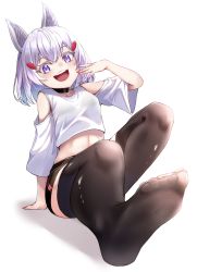 1girl :d absurdres animal_ears arm_cutout black_thighhighs breasts collar commission cropped_shirt feet foreshortening fox_ears full_body highres m.tokotsu nail_polish no_shoes ojou-sama_pose open_mouth phase_connect pink_nails pixiv_commission purple_eyes shirt short_hair short_shorts short_sleeves shorts smile soles tenma_maemi thighhighs toes virtual_youtuber white_hair white_shirt