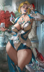 1girl aleriia_v blonde_hair blue_eyes blue_lips blue_nails bottle breasts choker cleavage diamond_(gemstone) diamond_earrings earrings emma_frost flower head_between_thighs highres ice jewelry large_breasts leotard lipstick looking_at_viewer makeup marvel marvel_rivals multicolored_leotard rose short_hair smile solo superhero_costume thick_thighs thighs x-men