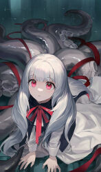 1girl absurdres black_vest blunt_bangs blush commentary grey_hair highres long_hair long_sleeves monster_girl nanagom neck_ribbon original pink_eyes red_ribbon ribbon shirt solo tentacles vest white_shirt