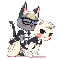 2boys animal_crossing animal_ears apron ascot bent_over black-framed_eyewear black_dress blonde_hair blush blush_stickers bow cat_boy cat_ears cat_tail censored crossdressing cum cum_string dress closed_eyes furry furry_male furry_with_furry glasses maid maid_apron maid_headdress male_focus marshal_(animal_crossing) multiple_boys nintendo open_mouth penis raymond_(animal_crossing) senzoc sex simple_background squirrel_boy squirrel_ears standing standing_sex sweat tail tail_bow tail_ornament thighhighs trap white_background white_bow white_neckwear yaoi