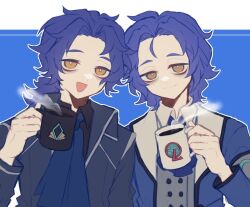 1boy 44se2dan bags_under_eyes black_shirt blue_hair blue_jacket chesed_(project_moon) coffee_mug collared_shirt cup curtained_hair frills grin holding holding_cup jacket letterboxed library_of_ruina lobotomy_corporation long_sleeves looking_at_viewer male_focus mug multiple_views open_mouth project_moon shirt short_hair smile solo steam white_shirt yellow_eyes