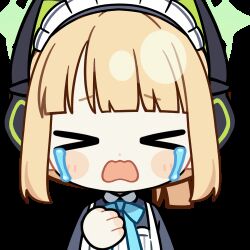 Rule 34 | &gt; &lt;, 1girl, animal ear headphones, animal ears, animated, animated gif, apron, aqua bow, aqua bowtie, black dress, blonde hair, blue archive, blunt bangs, blunt ends, blush stickers, bow, bowtie, cat ear headphones, cat ears, chibi, chunye haruya, closed eyes, collared dress, commission, contrast collar, crying, disembodied hand, dot nose, dress, facing viewer, fake animal ears, green halo, halo, hand on own chest, headphones, lowres, maid, maid apron, maid headdress, midori (blue archive), midori (maid) (blue archive), missing commentary, official alternate costume, official alternate hairstyle, open mouth, ponytail, second-party source, short hair, sidelocks, simple background, solo, streaming tears, tears, transparent background, upper body, wavy mouth, white apron, white headdress