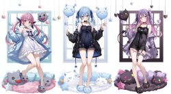 3girls ahoge alternate_costume animal_balloon animal_slippers aqua_hair balloon bare_legs bibi_(tokoyami_towa) black_choker black_dress black_jacket black_nightgown black_pajamas blue_eyes blue_hair blue_jacket blue_ribbon blunt_bangs bow bow_earrings braid breasts cardigan cat center-flap_bangs character_balloon chest_bow choker colored_inner_hair commentary_request demon_girl demon_tail double-parted_bangs dress drill_hair earrings empire_waist fanged_bangs frilled_dress frilled_pajamas frills full_body garter_straps green_eyes grey_cardigan hair_ornament hair_ribbon hairclip heart_balloon highres holding holding_balloon hololive hoshimachi_suisei jacket jewelry leg_tattoo long_hair looking_at_viewer minato_aqua multicolored_hair multiple_girls neko_(minato_aqua) nightgown o-ring o-ring_thigh_strap off_shoulder pajamas parted_lips pillow pink_hair pointy_ears purple_eyes purple_hair ribbon ribbon_choker sa-ya2 side_braid sleepwear sleeveless sleeveless_dress sleeves_past_wrists slippers small_breasts spaghetti_strap standing star_(symbol) streaked_hair tail takoyaki_(hoshimachi_suisei) tattoo thigh_strap thighs tokoyami_towa twin_drills twintails two-tone_hair two_side_up virtual_youtuber wavy_hair white_dress window x_hair_ornament