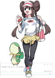 Rule 34 | 1girl, absurdres, bag, black pantyhose, blue shirt, breasts, brown hair, donut hair bun, double bun, full body, gen 5 pokemon, hair bun, haruyuki (gffewuoutgblubh), hat, highres, holding, holding bag, holding poke ball, multicolored shirt, nintendo, pantyhose, pink shirt, poke ball, poke ball (basic), poke ball print, pokemon, pokemon (creature), pokemon bw2, request inset, shirt, shorts, simple background, snivy, translation request, twintails, visor cap, white background, white hat, white shirt, yellow shorts