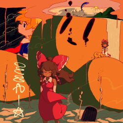 1boy 1girl absurdres agucala_(cookie) blonde_hair blue_eyes bow breasts brown_hair closed_eyes commentary_request cookie_(touhou) dark-skinned_female dark_skin elbow_gloves feet_out_of_frame frilled_bow frilled_hair_tubes frills gloves hair_bow hair_tubes hakurei_reimu highres long_hair medium_breasts michael_(cookie) muimui_(4242564muimui) red_bow red_shirt red_skirt shirt sidelocks skirt skirt_set sleeveless sleeveless_shirt standing touhou unused_tire white_gloves