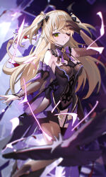 1girl absurdres asymmetrical_legwear bird black_bow black_garter_straps black_gloves black_pantyhose black_thighhighs blonde_hair bow closed_mouth crow eyepatch fischl_(genshin_impact) floating_hair garter_straps genshin_impact gloves green_eyes hair_bow hand_on_own_hip highres long_hair looking_at_viewer oz_(genshin_impact) pantyhose purple_bow single_garter_strap single_glove solo thighhighs two_side_up uneven_legwear wuzhihuijia