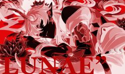 Rule 34 | 1boy, bishounen, character name, dan heng (honkai: star rail), dan heng (imbibitor lunae) (honkai: star rail), earrings, english text, flower, honkai: star rail, honkai (series), horns, jewelry, limited palette, long hair, looking at viewer, lotus, lying, male focus, mindscape cinema (zenless zone zero), on side, parted lips, pointy ears, red background, red theme, single horn, solo, very long hair, white hair, zephyere