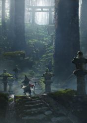 1girl absurdres commentary_request couldoh foliage forest full_body hagoromo hair_rings hat highres hoe japanese_clothes kimono lantern light_particles nature outdoors overgrown red_kimono rice_hat rock sakuna-hime scenery shawl solo stairs stone_lantern sunlight tensui_no_sakuna-hime torii tree wide_shot
