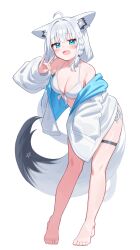1girl :3 :d absurdres ahoge animal_ear_fluff animal_ear_piercing animal_ears aqua_eyes barefoot bikini blue_jacket braid breasts cleavage commentary_request crossed_bangs double-parted_bangs fox_ears fox_girl fox_shadow_puppet fox_tail front-tie_bikini_top front-tie_top full_body hair_between_eyes halterneck hand_in_pocket hand_up highres hololive jacket leaning_forward long_hair looking_at_viewer low_ponytail medium_breasts open_clothes open_jacket open_mouth pentagram ponytail shirakami_fubuki side-tie_bikini_bottom side_braid simple_background single_braid smile solo swimsuit tail thigh_strap two-sided_fabric two-sided_jacket verdey very_long_hair virtual_youtuber white_background white_bikini white_hair white_jacket