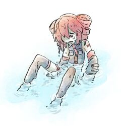 1girl arm_tattoo bare_shoulders black_shirt black_thighhighs detached_sleeves hato_no_mune_wo_momitai kasane_teto kasane_teto_(utau) knees_up looking_down partially_submerged red_eyes red_hair shaded_face shirt short_hair sitting sleeveless sleeveless_shirt solo tattoo thighhighs utau water wet white_background wilted_ahoge