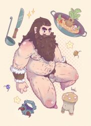 1boy bara beard belly brown_hair completely_nude disarmhope dungeon_meshi dwarf facial_hair fake_horns fat fat_man flaccid full_body hairy helmet highres horned_helmet horns invisible_chair knife long_beard male_focus male_pubic_hair mustache nude penis pubic_hair senshi_(dungeon_meshi) sitting small_penis solo sparse_arm_hair sparse_chest_hair sparse_leg_hair sparse_navel_hair stew thick_eyebrows thick_mustache uncensored unworn_headwear unworn_helmet very_long_beard wok