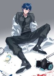 1boy absurdres aqua_eyes belt black_belt black_boots black_necktie black_pants blood blood_on_ground blood_splatter blue_hair boots coat coat_partially_removed debris full_body grey_shirt hair_between_eyes highres kayano_(kayanoakira01) lab_coat leos_vincent male_focus mameneko_(leos_vincent) mask necktie nijisanji pants parted_lips respirator shadow shirt small_sweatdrop solo virtual_youtuber white_coat x_x