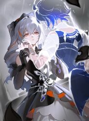 2girls black_dress black_gloves black_hair blue_hair blue_vest bronya_zaychik bronya_zaychik_(black_nucleus) bronya_zaychik_(fleurs_du_mal) commentary crossed_bangs dress elbow_gloves ghost gloves grey_hair hair_between_eyes hand_on_another&#039;s_face highres honkai_(series) honkai_impact_3rd long_hair mie_xing multicolored_hair multiple_girls orange_eyes orange_hair rain seele_vollerei seele_vollerei_(azure_memories) seele_vollerei_(swallowtail_phantasm) short_hair side_ponytail single_drill strapless strapless_dress streaked_hair two-tone_hair vest