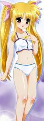 Rule 34 | 00s, 1girl, bardiche (nanoha), bardiche (standby form) (nanoha), blonde hair, blue bra, blue panties, bra, breasts, camisole, fate testarossa, female focus, flat chest, highres, lace, lace-trimmed bra, lace trim, lingerie, long hair, long image, lyrical nanoha, mahou shoujo lyrical nanoha, mahou shoujo lyrical nanoha a&#039;s, okuda yasuhiro, panties, small breasts, solo, standing, stomach, tall image, third-party edit, twintails, underwear, underwear only, very long hair