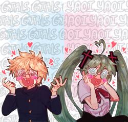 1boy 1girl @_@ ahoge blonde_hair blush coke-bottle_glasses collared_shirt confessions_of_a_rotten_girl_(vocaloid) cross_hair_ornament fujoshi gakuran glasses green_hair hair_ornament hatsune_miku heart highres himedanshi kagamine_len long_hair m4ycrowave open_mouth plaid_clothes plaid_skirt plus_danshi_(vocaloid) school_uniform shirt short_hair short_sleeves skirt smile solo songover tissue_in_nose twintails white_background white_shirt