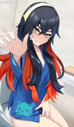 Rule 34 | 1girl, anger vein, angry, barefoot, bathroom, black hair, bottomless, carmine (pokemon), clenched teeth, colored inner hair, covering crotch, covering privates, crossed bangs, embarrassed, eyebrows hidden by hair, feet, female focus, full body, hair between eyes, hair ornament, hairband, highres, indoors, japanese clothes, jinbei (clothes), legs, legs together, long hair, looking at viewer, michinoku (michino934), multicolored hair, neck, nintendo, no panties, official alternate costume, on toilet, outstretched hand, pants, parted lips, peeing, pokemon, pokemon sv, short sleeves, shorts, side slit, side slit shorts, sidelocks, tears, teeth, thighs, toenails, toes, toilet, toilet use, traditional clothes, trembling, two-tone hair, unworn pants, wide sleeves, yellow bag, yellow eyes, yellow hairband
