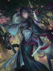 1girl absurdres arknights black_gloves black_hair black_kimono black_sash blood blood_on_face blunt_bangs drawing_sword flower gloves grey_eyes hair_flower hair_ornament hair_wings highres holding holding_sword holding_weapon japanese_clothes katana kimono long_hair long_sleeves mio_(arknights) obi parted_lips pink_flower sash single_glove solo sword two-tone_kimono very_long_hair wakizashi weapon white_kimono wide_sleeves yuke_(pixiv30322783)