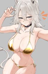 1girl absurdres alternate_costume animal_ear_fluff animal_ear_piercing animal_ears armpits bare_arms bare_shoulders bikini black_choker breasts choker claw_pose cleavage collarbone commentary_request fingernails gold_bikini golden_week grey_eyes grey_hair hair_between_eyes highres hololive jewelry large_breasts lion_ears lion_girl lion_tail long_hair looking_at_viewer navel necklace notice_lines shishiro_botan side-tie_bikini_bottom simple_background skindentation solo stomach swimsuit tail textless_version thighs virtual_youtuber wet zexalmike