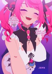 Rule 34 | 1girl, apron, bare shoulders, black horns, blush, breasts, cleavage, closed eyes, covered erect nipples, cowboy shot, hololive, hololive english, horns, irys (hololive), jdpr, large breasts, long hair, looking at viewer, multicolored hair, naked apron, open mouth, pointy ears, purple hair, red hair, smile, solo, streaked hair, twintails, two-tone hair, virtual youtuber, white apron