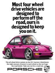 1girl ad artist_name brown_eyes car driving english_text glasses grey_shirt highres long_hair looking_at_viewer motor_vehicle noerartworks original porsche porsche_911 porsche_964 shadow shirt smile sports_car vehicle_focus white_background