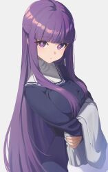 1girl absurdres belt black_belt blue_dress blunt_bangs breasts closed_mouth commentary dress fern_(sousou_no_frieren) grey_background highres holding holding_unworn_clothes large_breasts long_sleeves looking_at_viewer purple_eyes purple_hair reulem simple_background solo sousou_no_frieren turtleneck
