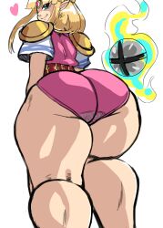 1girl absurdres ass blonde_hair blue_eyes charge_sol from_behind highres huge_ass looking_at_viewer looking_back nintendo princess_zelda super_smash_bros. super_smash_bros._logo the_legend_of_zelda thighs