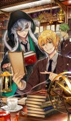 Rule 34 | 3boys, achilles (fate), achilles (mentor and i) (fate), asclepius (fate), asclepius (my student council) (fate), black coat, black hood, black necktie, black vest, blazer, blonde hair, book, book stack, brown jacket, brown suit, brown vest, buttons, candle, coat, collared shirt, commentary, cup, diffraction spikes, double-breasted, drink, fate/grand order, fate (series), fire, formal clothes, glass teapot, green eyes, green hair, green scarf, grin, holding, holding book, holding lantern, holding paper, hood, hood up, hooded coat, indoors, jacket, jason (fate), jason (my student council) (fate), lantern, lapels, long sidelocks, long sleeves, loose necktie, male focus, multiple boys, necktie, notched lapels, official art, open clothes, open jacket, paper, paper stack, pinstripe pattern, pinstripe suit, pointing, saucer, scarf, shirt, sidelocks, smile, snake, sparkle, steam, stellated octahedron, suit, tcb, teacup, teeth, third-party source, undercut, v-shaped eyebrows, vest, waistcoat, white hair, white shirt, white snake, wing collar, yellow eyes