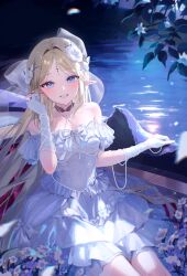 1girl absurdres alternate_costume bare_shoulders blonde_hair blue_eyes bow breasts cartethyia_(wuthering_waves) cleavage dress dress_bow flower gloves highres long_hair looking_at_viewer magako night outdoors parted_bangs parted_lips pointy_ears river smile tacet_mark_(wuthering_waves) very_long_hair water white_bow white_dress white_flower white_gloves wuthering_waves