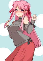 araaraneko blush bow breasts grey_sweater hair_bow large_breasts long_hair long_skirt looking_at_viewer nail_polish open_mouth pink_eyes pink_hair princession_orchestra red_ribbon red_skirt ribbon shikibe_kagari skirt smile sweater