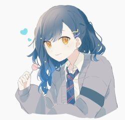 1girl alternate_hairstyle asymmetrical_hair black_hair blue_hair candy cardigan closed_mouth collared_shirt diagonal-striped_clothes diagonal-striped_necktie earrings food gradient_hair grey_cardigan hair_ornament hairclip hand_up heart highres holding holding_candy holding_food holding_lollipop jewelry kamiyama_high_school_uniform_(project_sekai) lollipop long_hair long_sleeves looking_at_viewer multicolored_hair multicolored_necktie necktie open_cardigan open_clothes orange_eyes project_sekai school_uniform shiraishi_an shirt simple_background single_sidelock smile solo star_(symbol) star_earrings star_hair_ornament striped_clothes striped_necktie swept_bangs two_side_up upper_body white_background white_shirt yuki72611