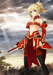 1girl arm_at_side bandeau bare_shoulders black_thighhighs blonde_hair braid breasts clarent_(fate) clenched_hand closed_mouth collar detached_sleeves fate/grand_order fate_(series) feet_out_of_frame green_eyes groin hair_ornament hair_scrunchie holding holding_sword holding_weapon juliet_sleeves konoe_ototsugu legs_apart long_sleeves looking_at_viewer mordred_(fate) mordred_(fate/apocrypha) navel official_art overcast pelvic_curtain ponytail puffy_sleeves red_bandeau red_collar red_scrunchie red_skirt red_sleeves revision scrunchie short_hair sidelocks skirt sky small_breasts smile solo standing strapless sword thighhighs third-party_source underboob v-shaped_eyebrows variant_set weapon