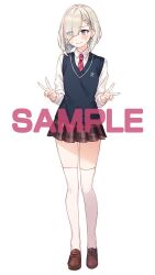 1girl averting_eyes black_skirt blue_eyes blue_sweater_vest blush braid brown_shoes closed_mouth collared_shirt commentary_request double_v embarrassed eyes_visible_through_hair full_body grey_hair hair_over_one_eye loafers looking_to_the_side medium_hair miniskirt official_art plaid_clothes plaid_skirt pleated_skirt sample_watermark school_uniform second-party_source shirt shoes simple_background skirt solo standing sweat sweater_vest thighhighs tomari_(veryberry00) tomodachi_no_imouto_ga_ore_ni_dake_uzai tsukinomori_mashiro v watermark white_background white_shirt white_thighhighs wing_collar zettai_ryouiki