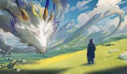 1other absurdres arknights black_coat blue_sky cloud cloudy_sky coat doctor_(arknights) dragon dragon_horns dragon_tail drone eastern_dragon eastern_dragon_horns eastern_dragon_tail fangs grass highres hood hooded_coat horns long_sleeves oneworldtwo outdoors rock shu_(arknights) sky tail white_eyes