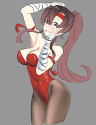 1024x768_(artist) arm_up armpits breakers breasts brown_hair cleavage highres leotard naughty_face navel pantyhose ponytail strapless strapless_leotard tia_langray tongue tongue_out torso visco