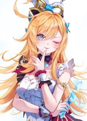 Rule 34 | 1girl, ;), ;p, absurdres, apron, bare shoulders, blonde hair, blue eyes, breasts, cowlick, escoffier (genshin impact), genshin impact, hair intakes, hair ornament, hat, highres, holding, holding knife, knife, long hair, looking at viewer, medium breasts, one eye closed, ryuna (inc moon), simple background, smile, solo, tongue, tongue out, upper body, very long hair, white apron, white background, white hat, wrist cuffs
