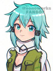 Rule 34 | 1girl, aqua eyes, aqua hair, closed mouth, commentary, english commentary, green jacket, hair between eyes, hair ornament, hairclip, highres, jacket, looking at viewer, nonoworks, open clothes, open jacket, scarf, short hair, sinon, smile, solo, sword art online, upper body, white background, white scarf