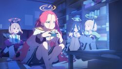 4girls :&lt; absurdres aqua_eyes aqua_halo aris_(blue_archive) back_bow black_boots black_hair black_hairband black_jacket black_shorts black_skirt black_thighhighs blonde_hair blue_archive blue_jacket blue_necktie book bookshelf boots bow box braid bryan-fengyuan buttons cardboard_box cat_tail closed_mouth collared_shirt commentary controller couch cushion dress_shirt fake_tail fang forehead frilled_jacket frilled_skirt frills game_controller game_development_department_(blue_archive) glass_table green_bow green_eyes green_halo green_hood green_jacket hair_bow hairband halo hand_on_another&#039;s_hand hand_on_another&#039;s_shoulder hands_on_floor highres holding holding_controller holding_game_controller hood hood_down hooded_jacket indoors jacket jacket_partially_removed knees_apart_feet_together knees_up layered_sleeves light_particles long_hair long_sidelocks long_sleeves looking_to_the_side low-tied_sidelocks midori_(blue_archive) mixed-language_commentary momoi_(blue_archive) monitor multicolored_jacket multiple_girls necktie night on_floor one_side_up open_clothes open_jacket open_mouth orange_halo orange_jacket parted_lips pink_boots pink_bow pink_eyes pink_halo pink_jacket playing_games pleated_skirt pocket power_symbol puffy_long_sleeves puffy_sleeves purple_eyes rectangular_halo red_hair sandals school_uniform screen_light shirt shoes short_hair short_shorts shorts siblings sidelocks single_braid sisters sitting skin_fang skirt sleeves_past_wrists slides sneakers split_mouth suspender_skirt suspenders sweatdrop table tail thighhighs twins unbuttoned unbuttoned_jacket very_long_hair wariza white_bow white_jacket white_sandals white_shirt white_shoes yuzu_(blue_archive)