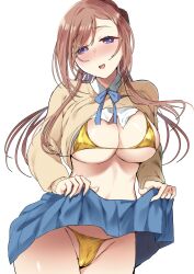 Rule 34 | 1girl, absurdres, bikini, bikini under clothes, blue ribbon, blue skirt, blush, breasts, brown hair, brown sweater, cameltoe, clothes lift, gakuen idolmaster, gold bikini, groin, hatsuboshi gakuen school uniform, head tilt, highres, himesaki rinami, idolmaster, large breasts, long hair, looking at viewer, neck ribbon, nose blush, oshakana, ribbon, school uniform, shirt, shirt lift, simple background, skirt, skirt lift, smile, solo, string bikini, sweater, sweater lift, swimsuit, very long hair, white background, white shirt