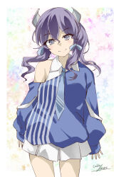 Rule 34 | 1girl, blue jacket, blue necktie, blue shirt, employee uniform, gakky, headgear, highres, jacket, kantai collection, langley (kancolle), langley (lawson) (kancolle), layered clothes, long hair, looking at viewer, necktie, official alternate costume, one-hour drawing challenge, pleated skirt, purple eyes, purple hair, shirt, skirt, sleeveless, sleeveless shirt, solo, standing, striped clothes, striped jacket, vertical-striped clothes, vertical-striped jacket, white shirt, white skirt
