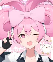 Rule 34 | 1girl, ;d, absurdres, alternate hairstyle, black gloves, blue archive, blush stickers, bow, cinnamiku hairstyle, close-up, collarbone, commentary request, fang, fingerless gloves, gloves, hair between eyes, hair bow, hand up, happy, highres, huge bow, koyuki (blue archive), kunugi miyaco, long hair, looking at viewer, one eye closed, open mouth, peroro (blue archive), pink bow, pink eyes, pink hair, portrait, short eyebrows, skin fang, smile, solo, sparkle, thick eyebrows, v, v-shaped eyebrows