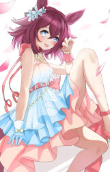 1girl animal_ears blue_eyes blush breasts commentary_request dress flower gloves hair_between_eyes hair_flower hair_ornament hanamura_pink highres horse_ears horse_girl horse_tail jewelry looking_at_viewer medium_breasts medium_hair necklace open_mouth petals sakura_chiyono_o_(umamusume) sleeveless solo tail umamusume white_background