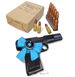 7.62x25_tokarev ammunition ammunition_box beijuu bow bullet clip_(weapon) girls&#039;_frontline gun handgun handgun_cartridge no_humans pistol_cartridge rifle_cartridge russian_text simple_background still_life stripper_clip tokarev_(girls&#039;_frontline) tokarev_tt-33 weapon weapon_focus white_background