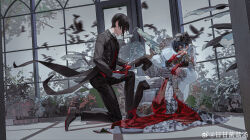 2boys absurdres aiguillette ankle_garter armchair bird biting biting_glove black_coat black_footwear black_hair black_necktie black_pants black_socks black_suit black_veil blue_eyes blue_hair bow butler chair ciel_phantomhive closed_eyes closed_mouth coat conservatory crow cuff_links dark_blue_hair door dressing_another earrings eyepatch flower_bed formal_clothes full_body garrison_cap gloves grey_sky hair_between_eyes hat hat_bow high_heels highres holding_another&#039;s_leg houndstooth jacket jewelry kneehighs kuroshitsuji long_sleeves looking_at_viewer male_focus motion_blur multiple_boys necktie on_one_knee open_clothes open_coat oxfords pants plant profile pumps putting_on_footwear red_footwear red_gloves red_vest sebastian_michaelis shirt short_hair shorts sidelocks sitting sitting_sideways sky sleeve_cuffs smile socks stud_earrings suit tailcoat tile_floor tiles tuxedo_shirt veil vest waist_cape watermark weibo_watermark white_gloves white_hat white_jacket white_shirt white_shorts window yisuan23