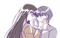 2girls bang_dream! bang_dream!_it&#039;s_mygo!!!!! bean_(bean0407_lls) blush brown_dress brown_hair commentary dress grey_hair grey_jacket guided_hand_on_cheek hanasakigawa_school_uniform hand_on_another&#039;s_face haneoka_school_uniform highres jacket long_hair long_sleeves looking_at_another multiple_girls pink_eyes purple_eyes sailor_collar school_uniform shiina_taki short_hair simple_background takamatsu_tomori white_background white_sailor_collar yuri