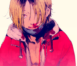 1boy blonde_hair blood blood_on_chest blood_on_clothes blood_on_face blood_on_mask blood_on_mouth expressionless haikyuu!! hood hooded_jacket jacket kozume_kenma male_focus mask mask_pull mouth_mask multicolored_hair nosebleed open_clothes open_jacket parted_bangs red_jacket roots_(hair) short_hair simple_background slit_pupils solo surgical_mask unzipped white_background white_jacket yellow_eyes zkakq