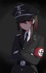 1girl absurdres alternate_costume armband belt black_jacket black_necktie brown_hair closed_mouth collared_shirt commentary_request crossed_arms hair_tubes hakurei_reimu hat hat_ornament highres jacket kikukitei light_frown long_hair looking_at_viewer military_dress_uniform military_uniform nazi necktie red_armband red_eyes shirt skull_hat_ornament solo touhou waffen-ss white_shirt