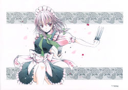 1girl braid embodiment_of_scarlet_devil female_focus frills highres izayoi_sakuya knife maid moonsorrow red_eyes ribbon short_hair side_braid skirt solo source_request throwing_knife touhou twin_braids weapon white_hair