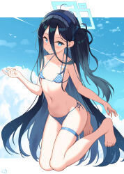 1girl absurdly_long_hair absurdres aris_(blue_archive) bare_arms bare_legs bare_shoulders barefoot bikini black_hair black_hairband blue_archive blue_bikini blue_eyes blue_halo blush breasts collarbone groin hairband halo highres loli long_hair looking_at_viewer navel one_side_up parted_lips polka_dot polka_dot_bikini pu_ht small_breasts solo swimsuit toes very_long_hair