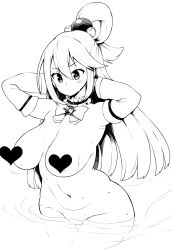 1girl aqua_(konosuba) arms_up blush breasts curvy detached_sleeves heart highres huge_breasts kono_subarashii_sekai_ni_shukufuku_wo! large_breasts long_hair monochrome navel partially_submerged probablynoon sketch solo stomach thick_thighs thighs water wet white_background wide_hips