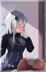 1boy 1girl blurry blurry_background blush closed_mouth cold_pack commission finger_to_mouth girls&#039;_frontline gloves green_eyes hair_ornament highres hk416_(girls&#039;_frontline) jacket long_hair long_sleeves sick sidelocks silver_hair skeb_commission solokitsune sweat white_gloves